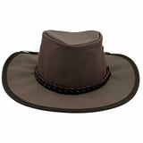 A brown Jacaru 104 Bushbreeze Camper hat with a mesh crown and chinstrap.