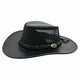 A black leather braided hat with mesh on top and metal logo
