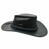 A black leather braided hat with mesh on top and metal logo