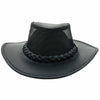 A black leather braided hat with mesh on top and metal logo