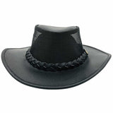 A black leather braided hat with mesh on top and metal logo