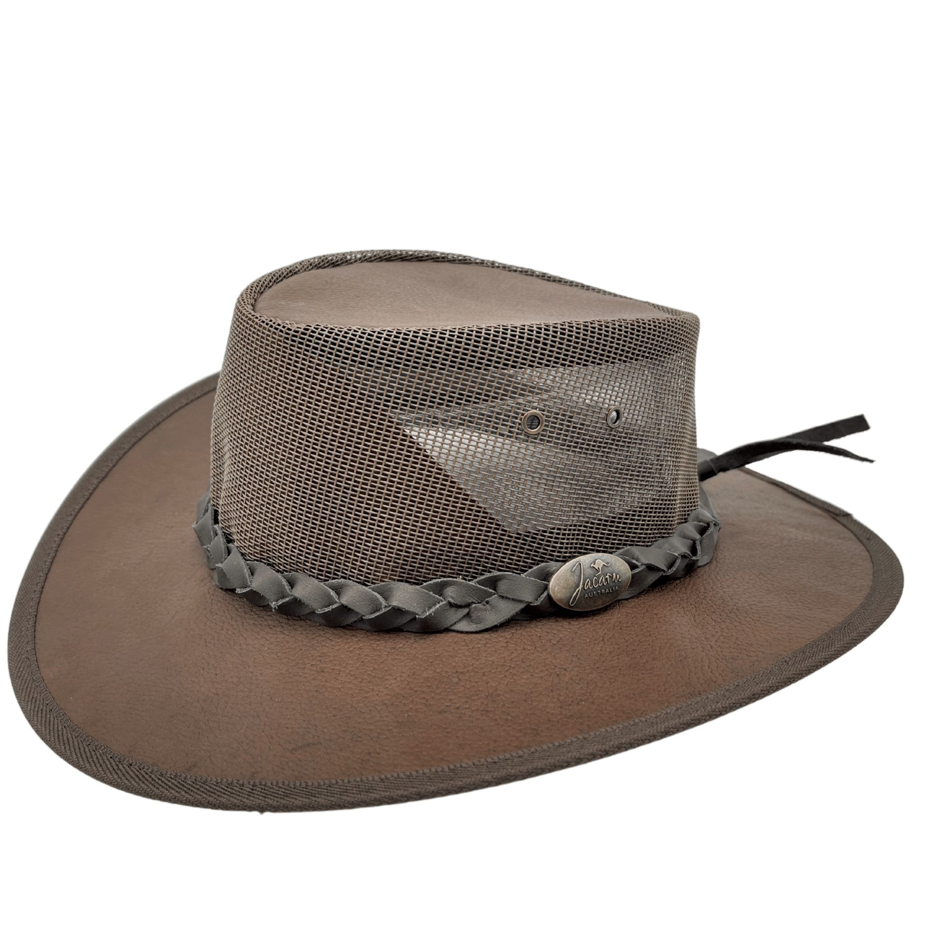 A brown Jacaru 130 Roo Koolaroo hat with kangaroo leather and a breathable mesh crown.