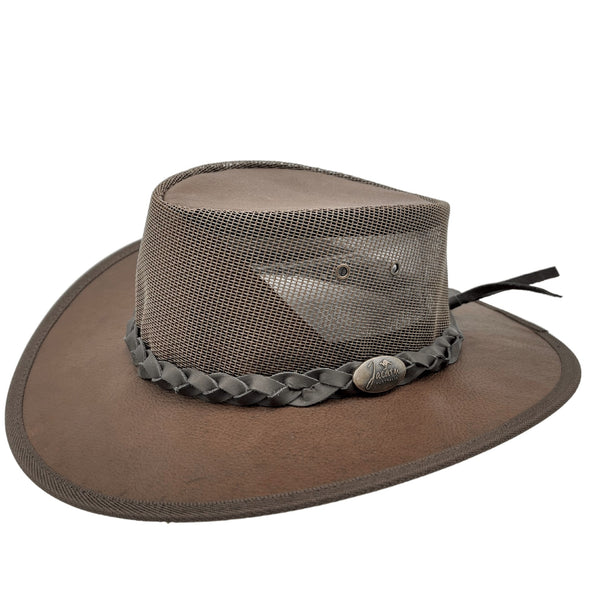 A brown Jacaru 130 Roo Koolaroo hat with kangaroo leather and a breathable mesh crown.