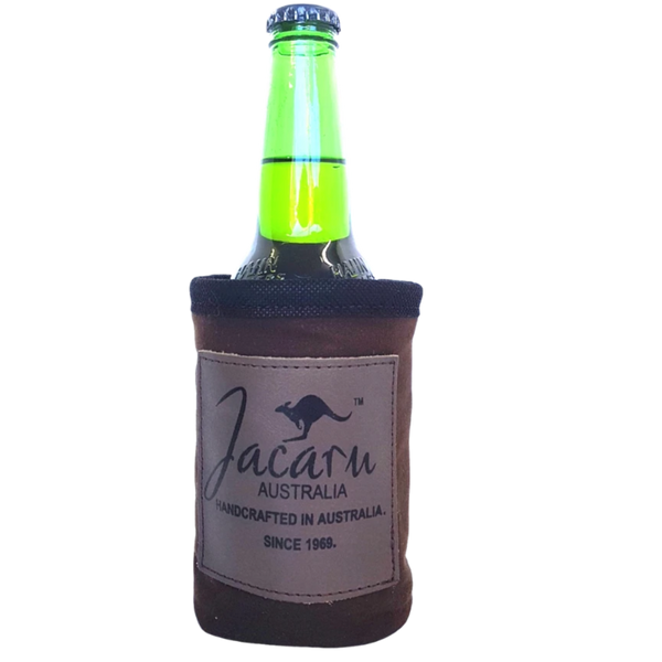 Jacaru can cooler holder with brown oilskin fabric design