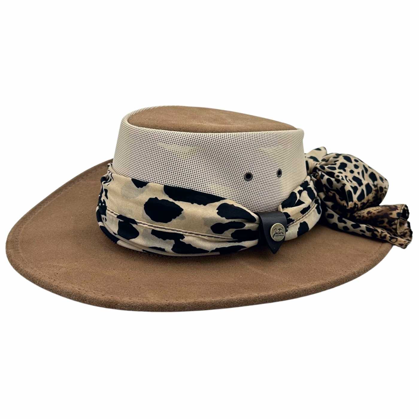 A beige Jacaru 1022 Shady Lady hat made of brushed cow suede leather, featuring a mesh crown and a chiffon scarf around the base.