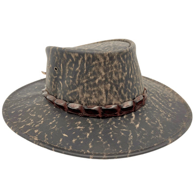 Stonewash Brown Jacaru 1134 Wild Roo Croc Digger Hat with decorative band on a white background