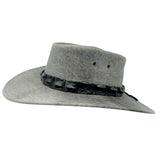 Stonewash Grey Jacaru 1134 Wild Roo Croc Digger Hat with a decorative band on a white background