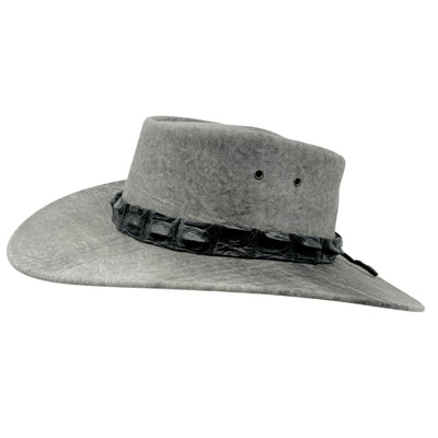 Stonewash Grey Jacaru 1134 Wild Roo Croc Digger Hat with a decorative band on a white background