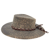 Stonewash Brown Jacaru 1134 Wild Roo Croc Digger Hat with a decorative band on a white background