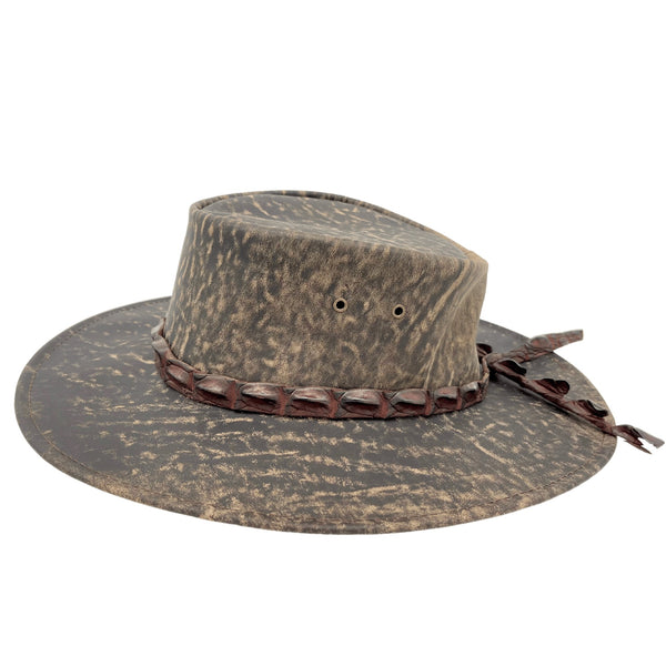 Stonewash Brown Jacaru 1134 Wild Roo Croc Digger Hat with a decorative band on a white background