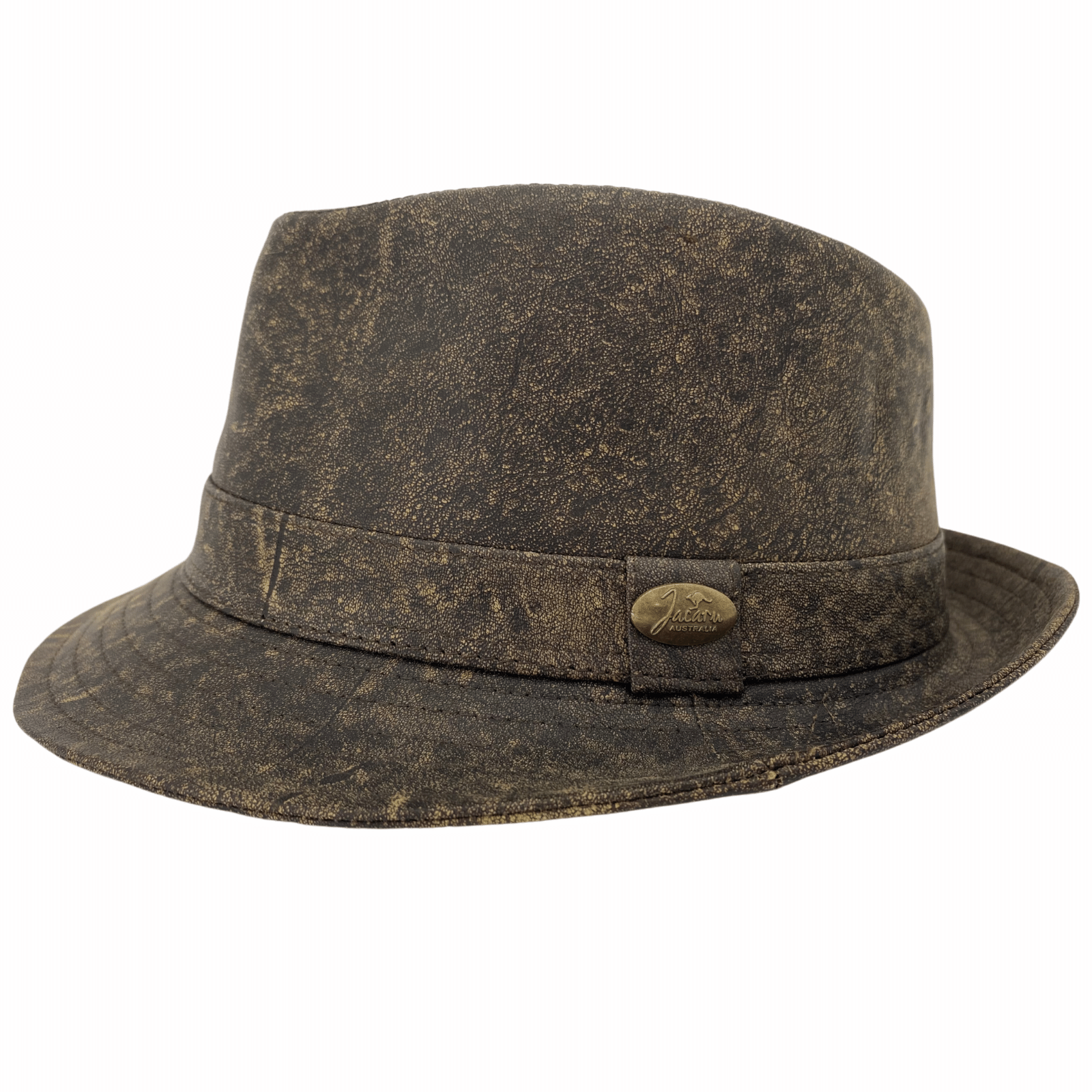 A Stonewash Brown kangaroo leather trilby hat with a soft texture and a branded button on the front.