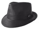 A Black kangaroo leather trilby hat with a soft texture and a branded button on the front.