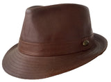 A brown kangaroo leather trilby hat with a soft texture and a branded button on the front.