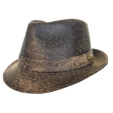 A Stonewash Brown kangaroo leather trilby hat with a soft texture and a branded button on the front.