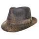 A Stonewash Brown kangaroo leather trilby hat with a soft texture and a branded button on the front.