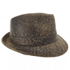 A Stonewash Brown kangaroo leather trilby hat with a soft texture and a branded button on the front.