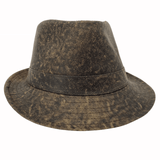 A Stonewash Brown kangaroo leather trilby hat with a soft texture and a branded button on the front.